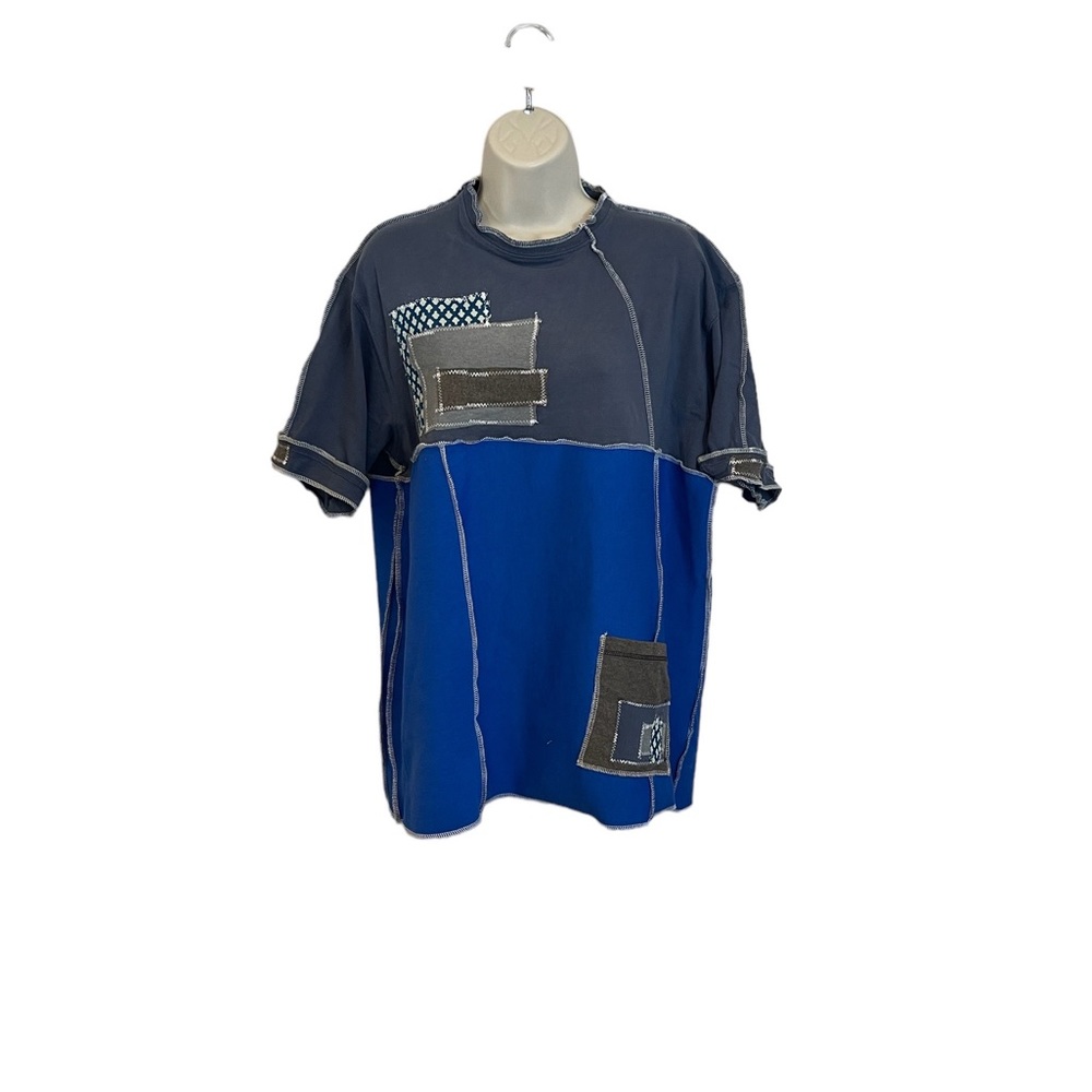 Handcrafted recycled up-cycled t-shirt.  Creative stand out piece with patches